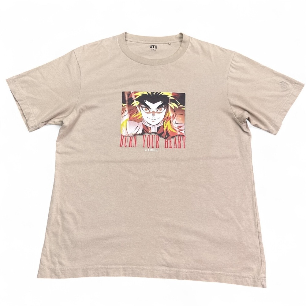 Demon Slayer x Uniqlo T Shirt Adult Size Small Beige Tan VTG Style Logo Anime